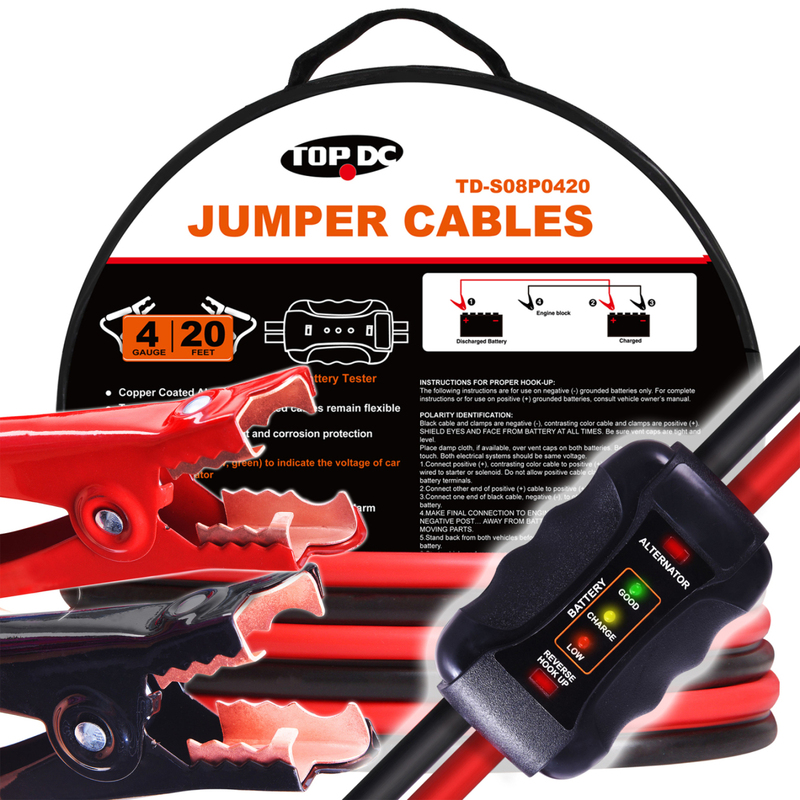 Battery Condition Tester 4AWG x 20Ft TOPDC Smart Jumper Cables 4 Gauge 20 Feet Heavy Duty Booster Cables with Reverse Hook Up and Alternator Indicator 